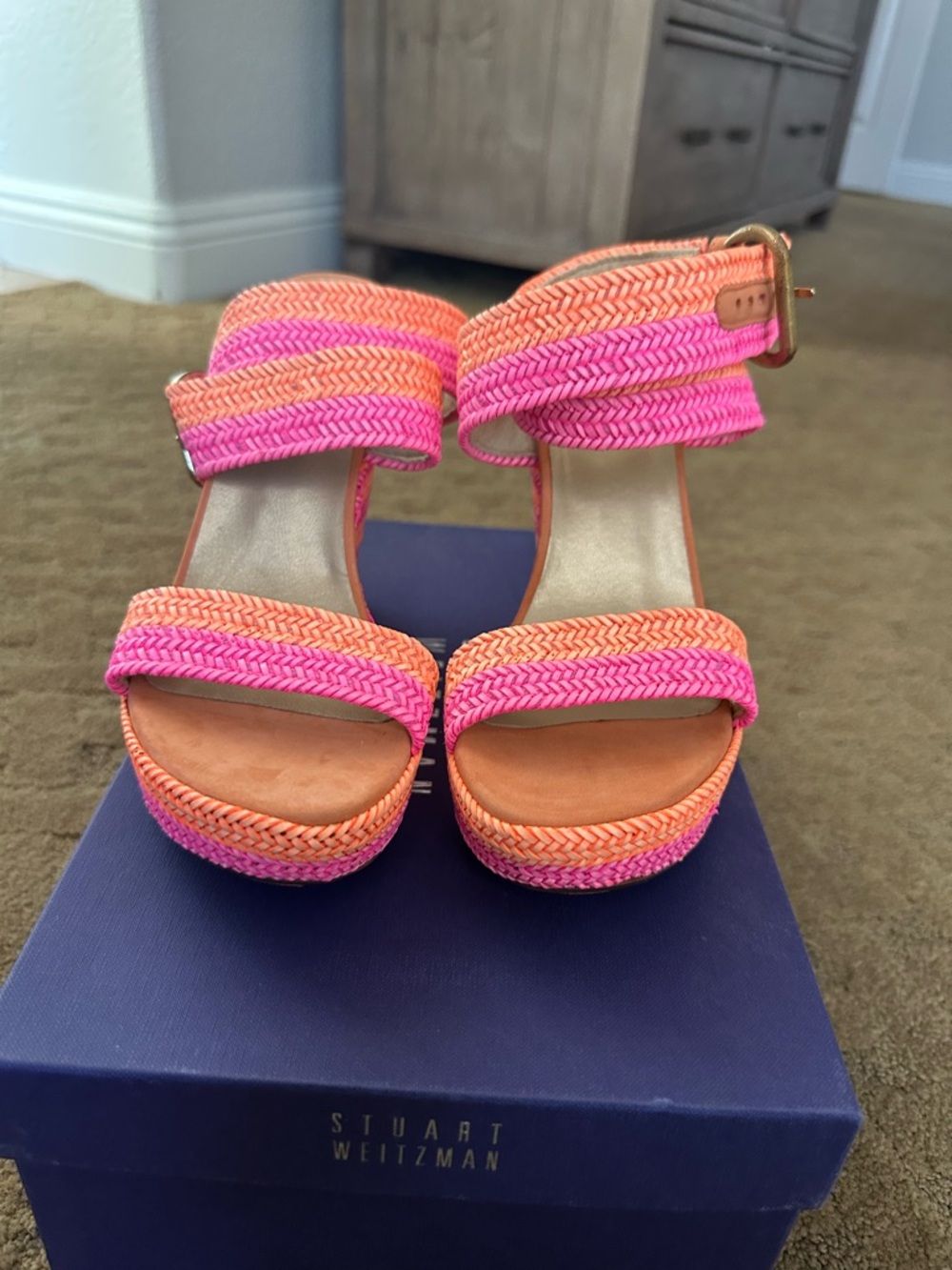 Stuart Weitzman Neon Pink and Orange Braided Alex Platform Sandals